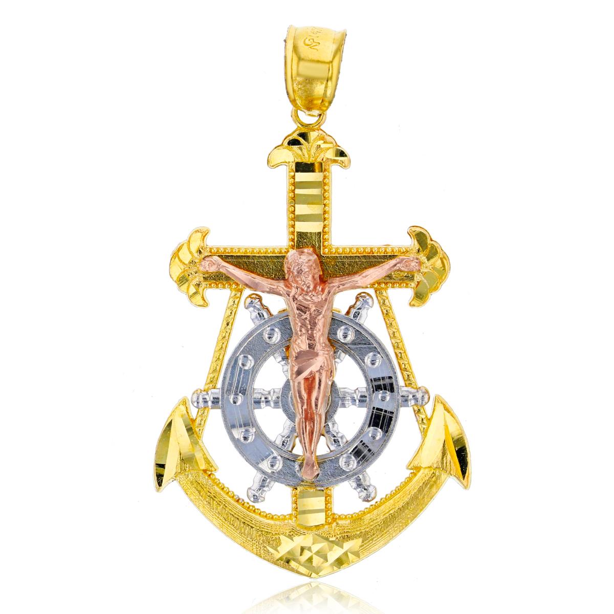 14K Tri-color Gold Religious Nautical Cross Wheel & Anchor Dangling Pendant