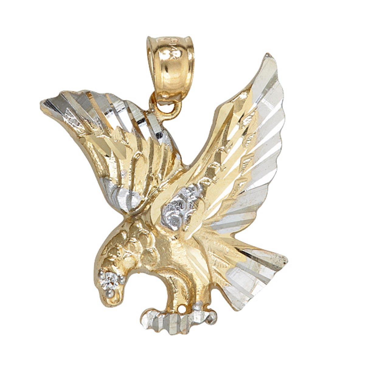 14K Yellow & White Gold Eagle In Flight W/ CZ Eye Dangling Pendant