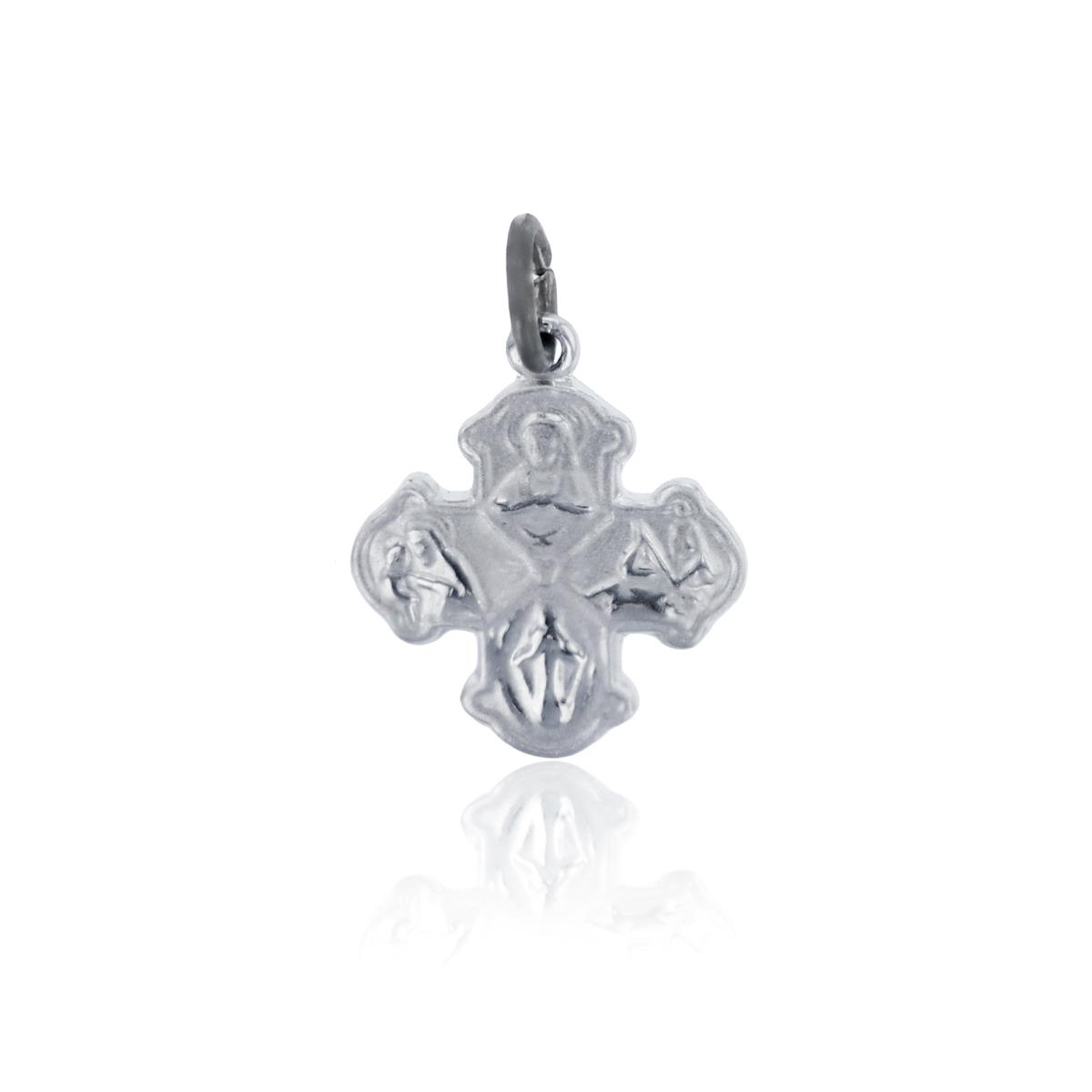 Sterling Silver Rhodium High Polished and Satin Small Four Way Religious Cross Pendant