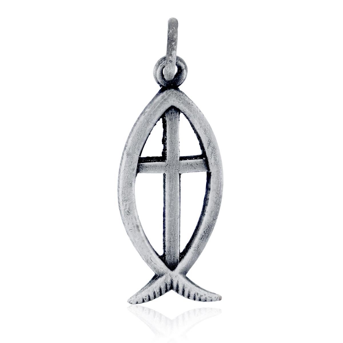 Sterling Silver Rhodium Oxidized Christian Fish Cross Faith Pendant