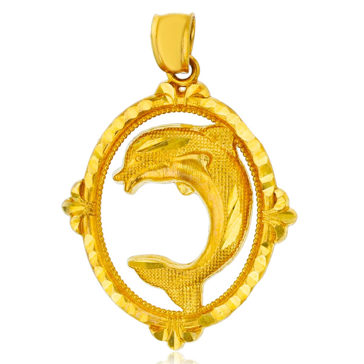 14K Yellow Gold Dolphin in Oval Hoop Dangling Pendant
