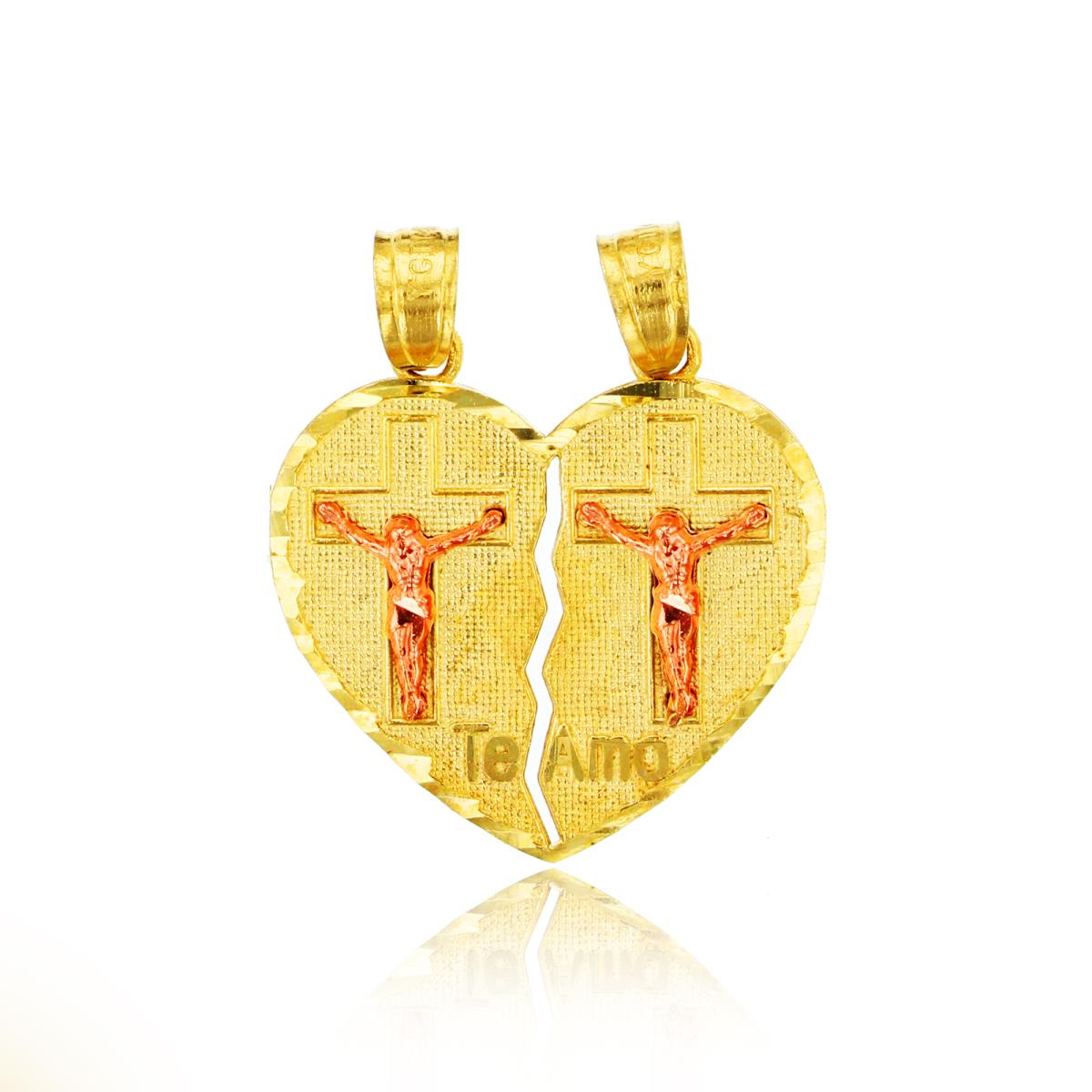 14K Yellow & Rose Gold Religious Cross "Te Amo" Broken Heart Dangling 2-Bail Pendant