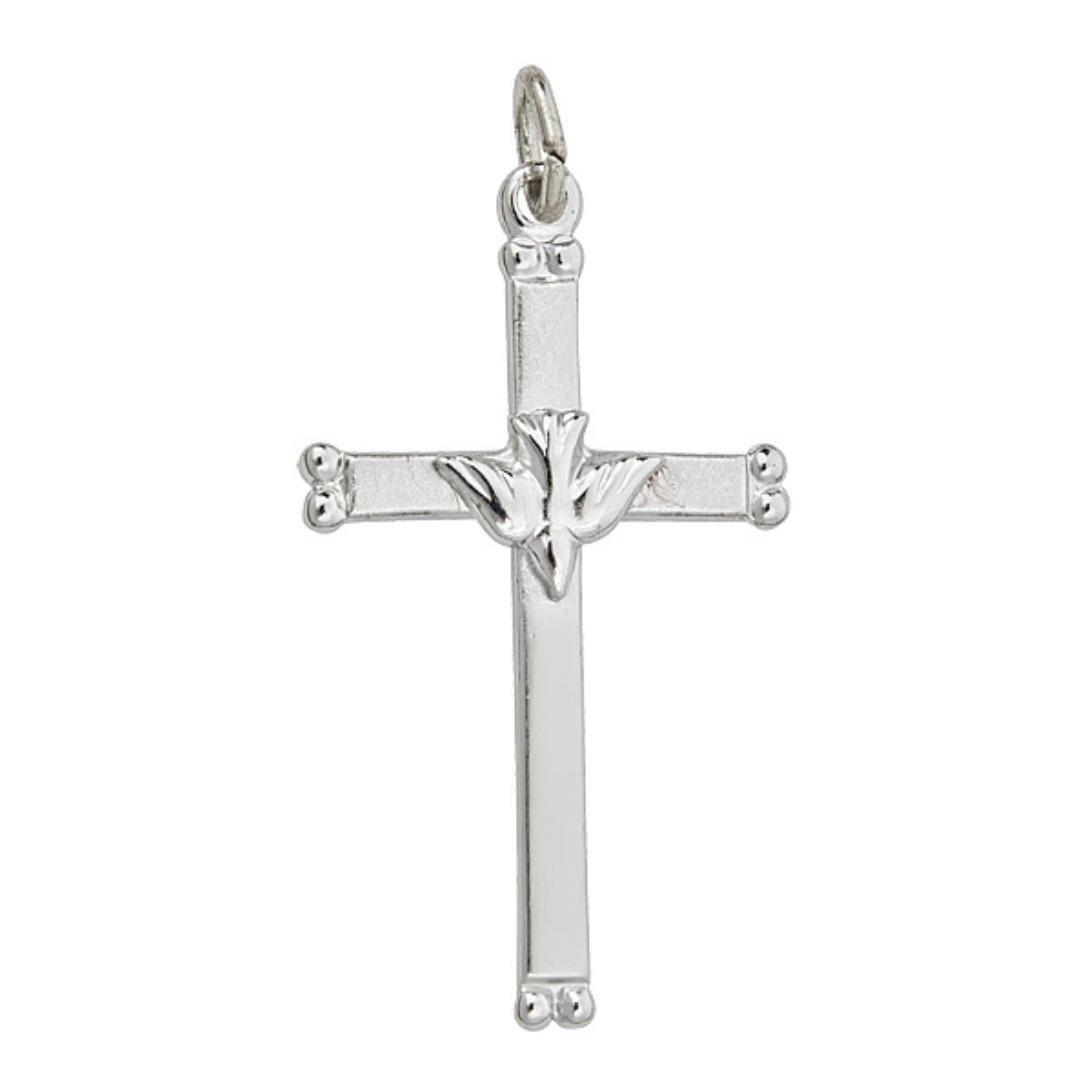 Sterling Silver Rhodium High Polished and Satin Holy Spirit Dove Cross Pendant