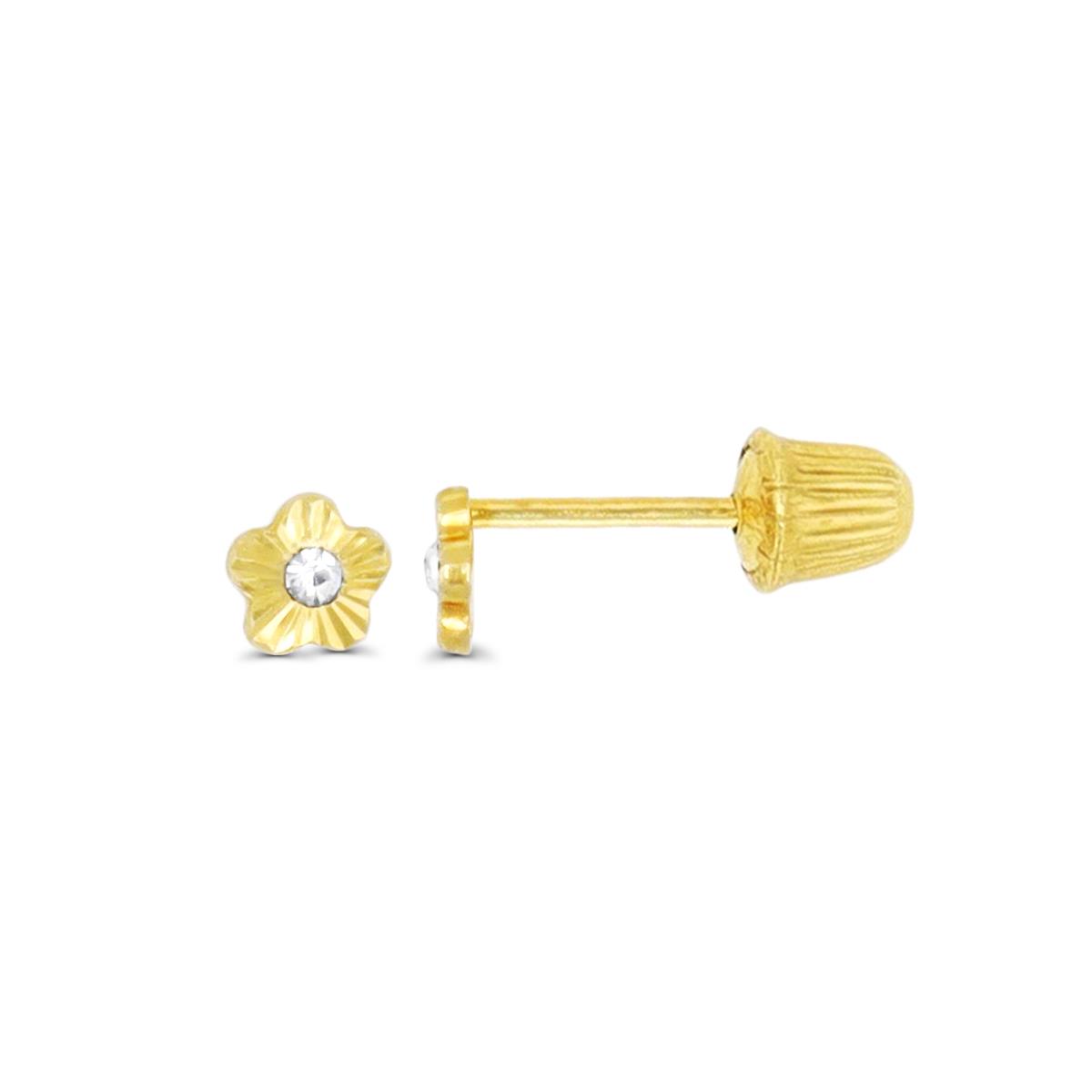 14K Yellow Gold Diamond Cut Mini Flower Hat Screw Back Stud Earring 