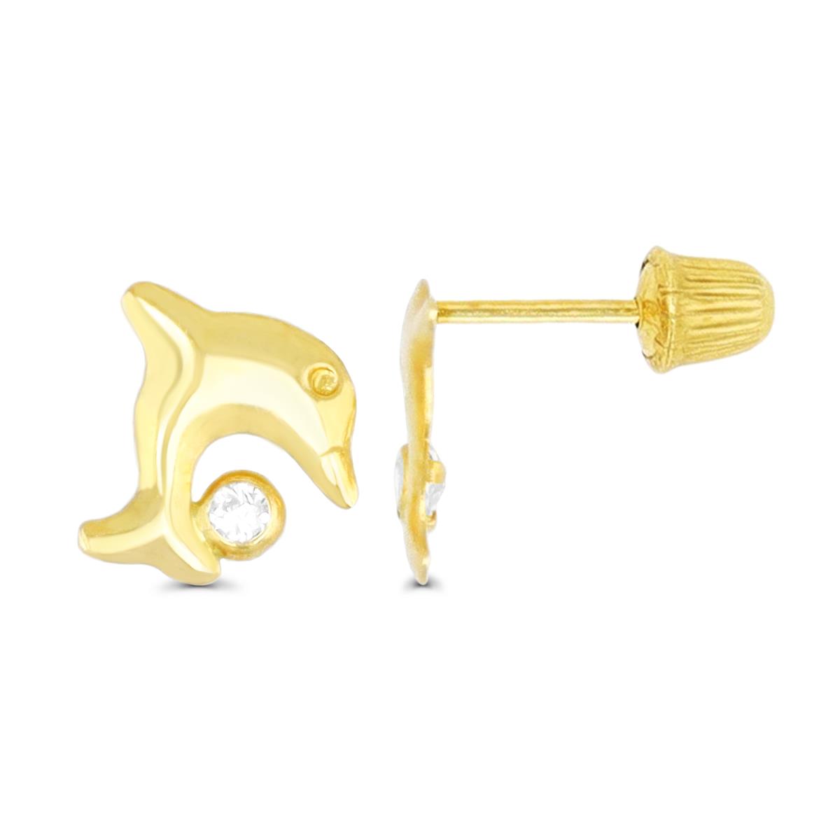 14K Yellow Gold High Polished Mini Dolphin Hat Screw Back Stud Earring 