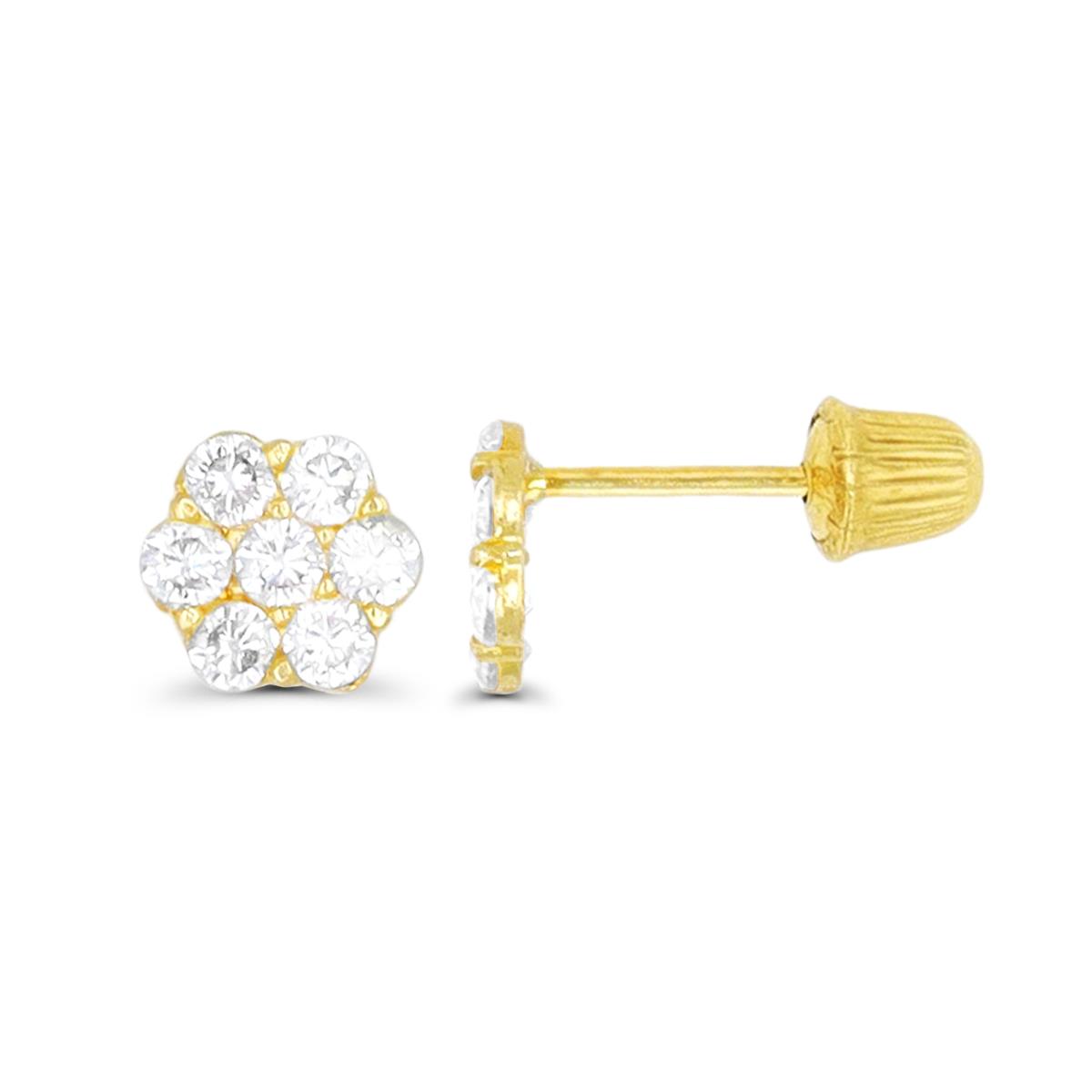 14K Yellow Gold High Polished Small Cluster Flower Hat Screw Back Stud Earring 