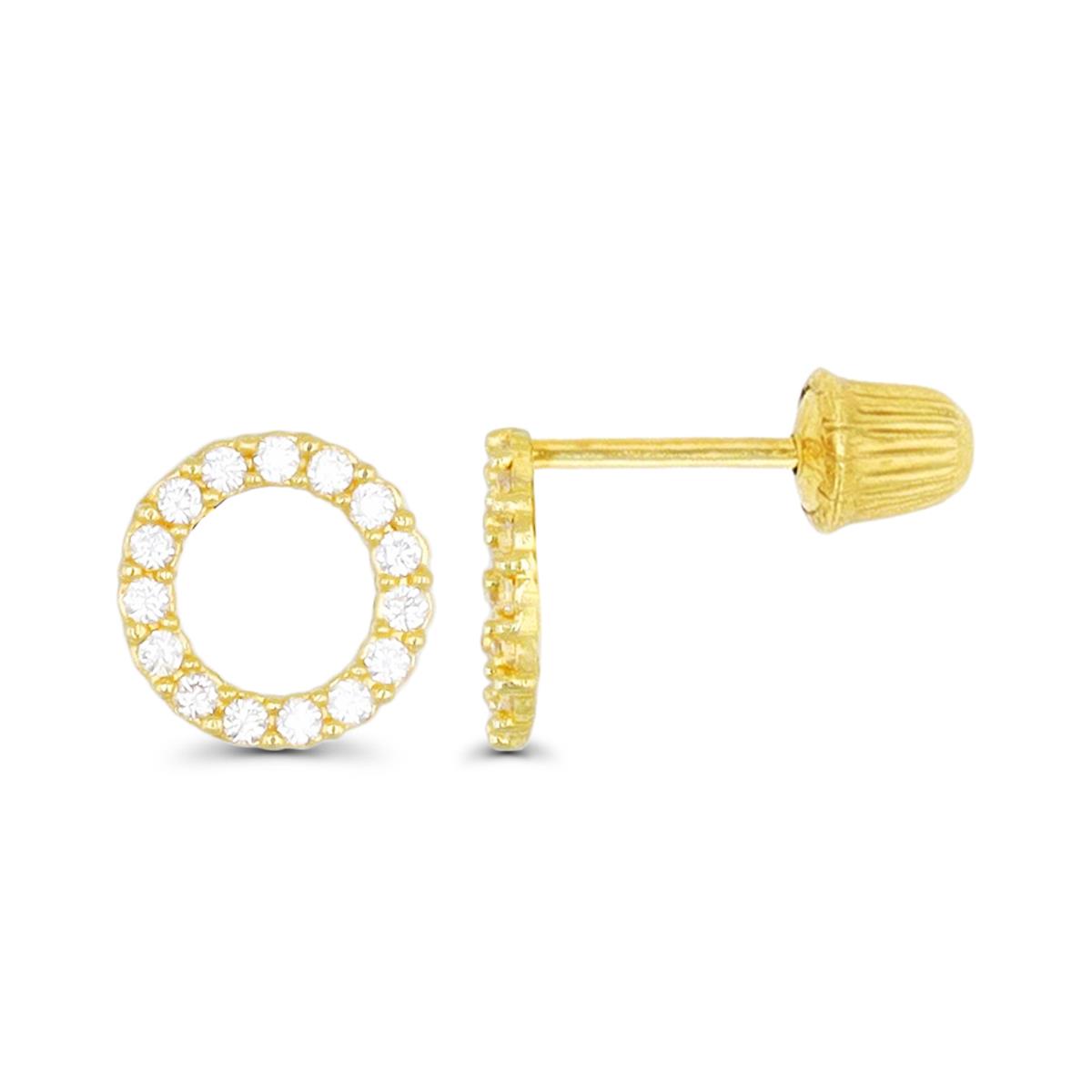 14K Yellow Gold Micropave Open Circle Hat Screw Back Stud Earring 