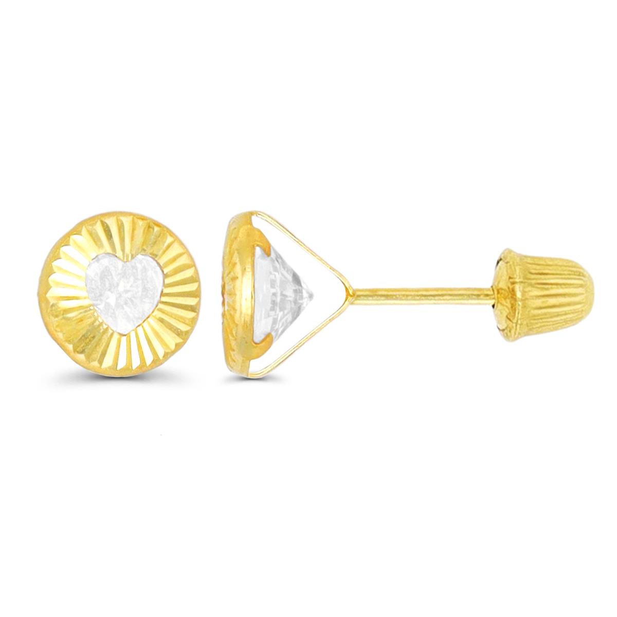 14K Yellow Gold Diamond Cut Circle Heart Cut Hat Screw Back Stud Earring 