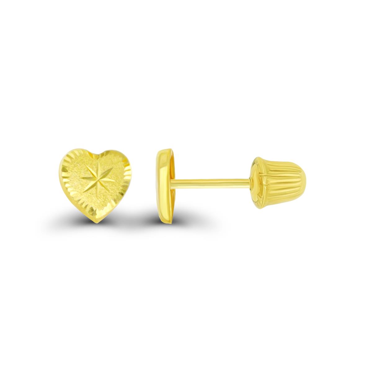 14K Yellow Gold DC Star Diamond Cut Center Heart Hat Screw Back Stud Earring