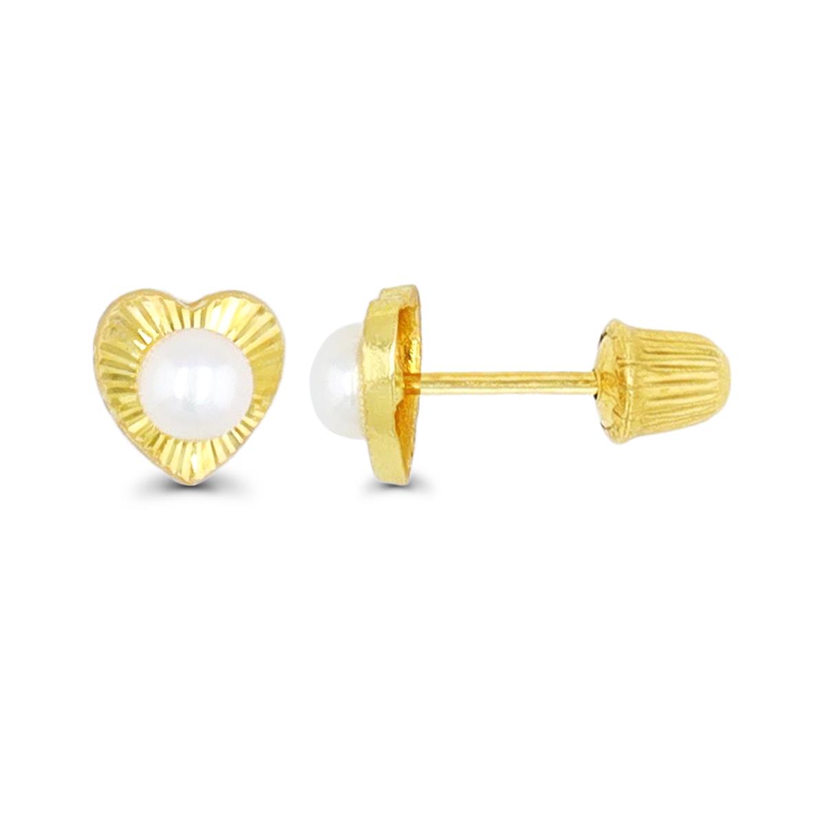 14K Yellow Gold Diamond Cut Heart Bezel Freshwater Pearl Hat Screw Back Stud Earring