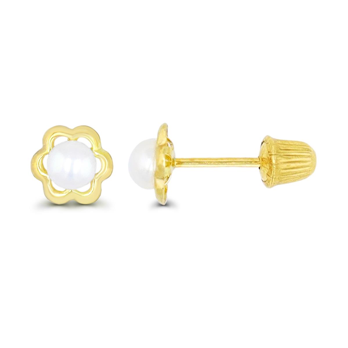 14K Yellow Gold High Polished Small French Flower Freshwater Pearl Hat Screw Back Stud Earring