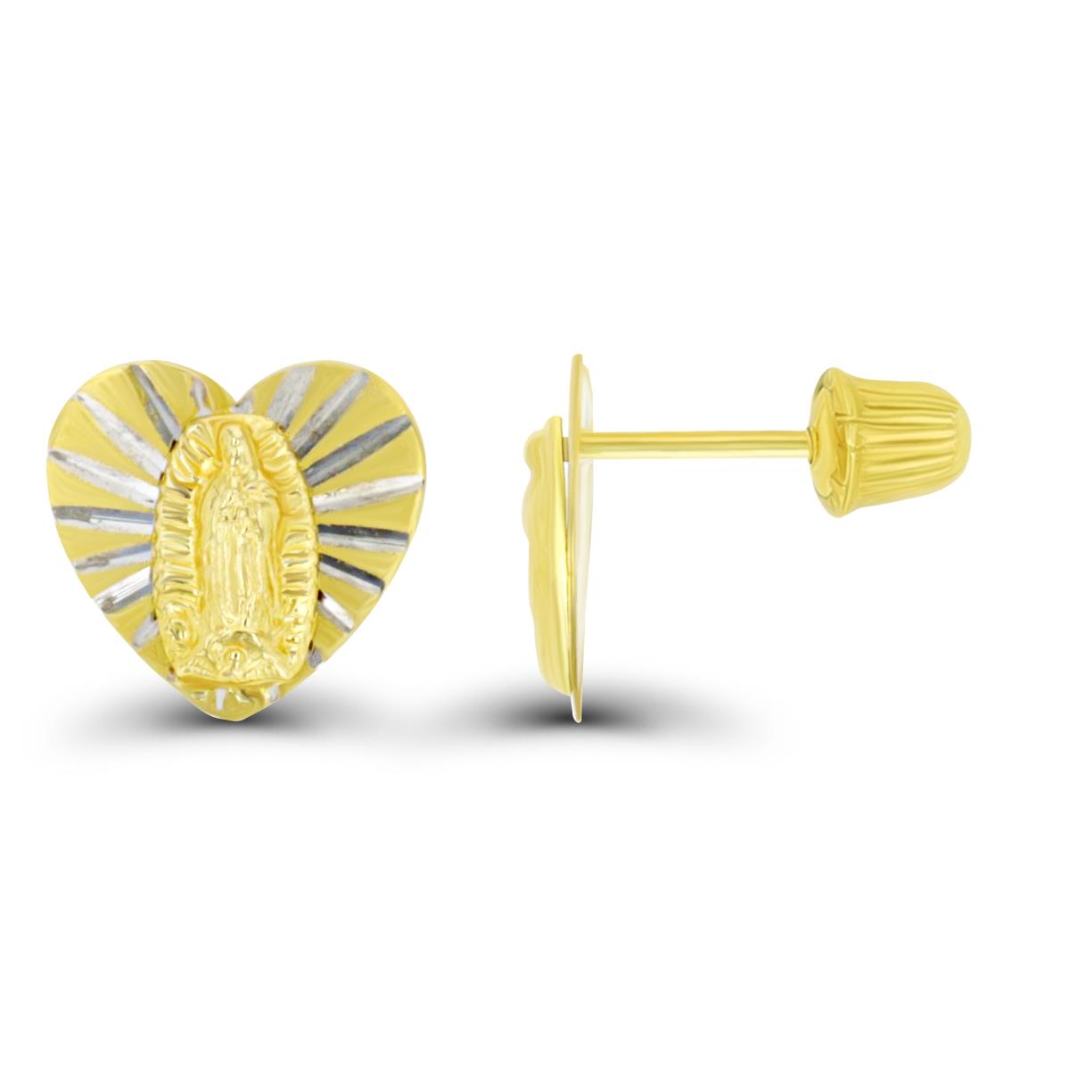14K Yellow Gold Textured Heart Virgin Mary Hat Screw Back Stud Earring