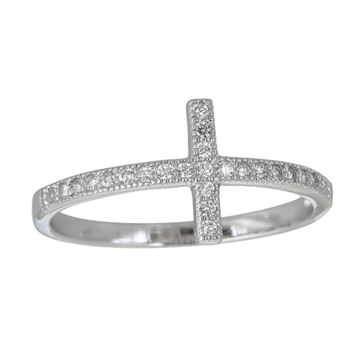 Sterling Silver Rhodium Micropave Cross Fashion Ring