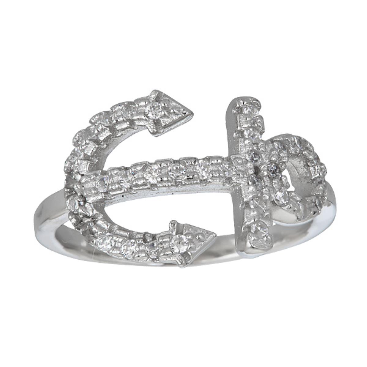 Sterling Silver Rhodium Micropave Anchor Fashion Ring