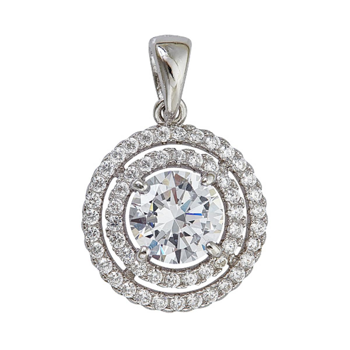 Sterling Silver Rhodium Micropave Double Circle Halo Pendant