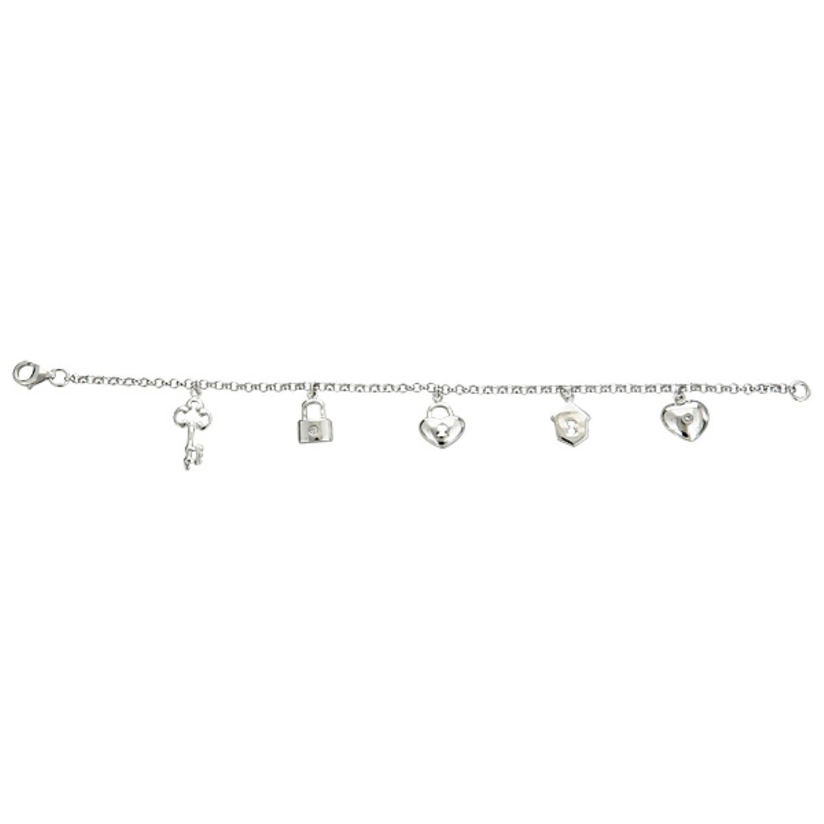 Sterling Silver Rhodium Lock and Key 7.5" Charm Bracelet