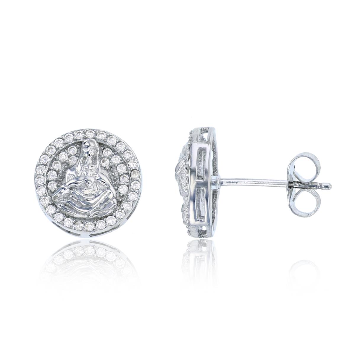 Sterling Silver Rhodium Micropave Jesus Bust Stud Earring