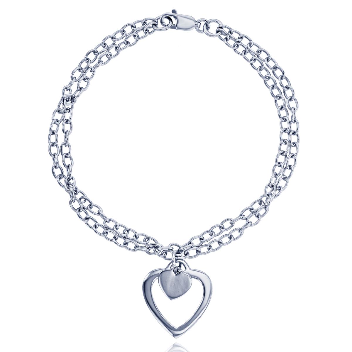 Sterling Silver Rhodium Double Strand Open Heart Bracelet
