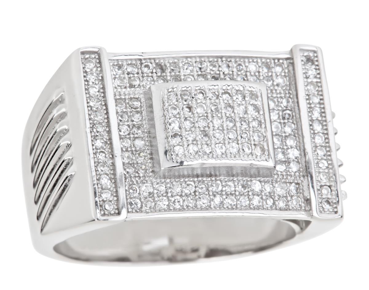 Sterling Silver Rhodium Men's CZ Block Etched Ring