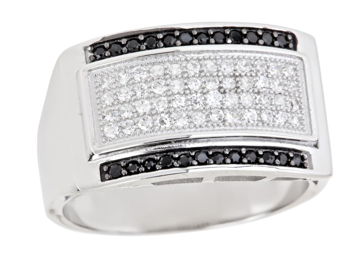 Sterling Silver White & Black Plated Men's CZ Block Ring