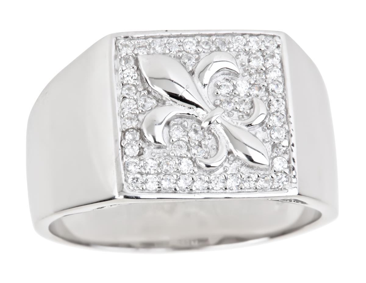 Sterling Silver Rhodium Men's Fleur De Lis Detail Pave Ring