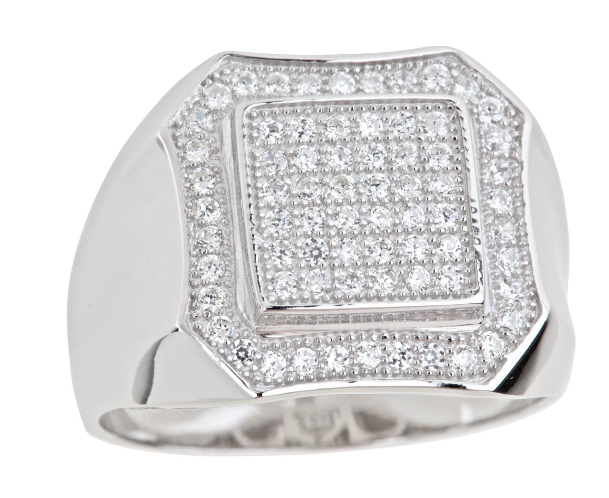Sterling Silver Rhodium Men's Square Detail Pave Ring