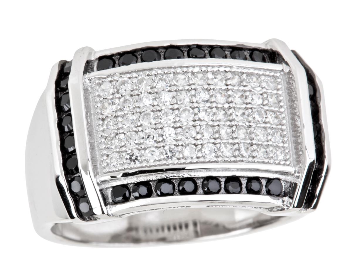 Sterling Silver Black & White Pave With Black Plated Border Ring