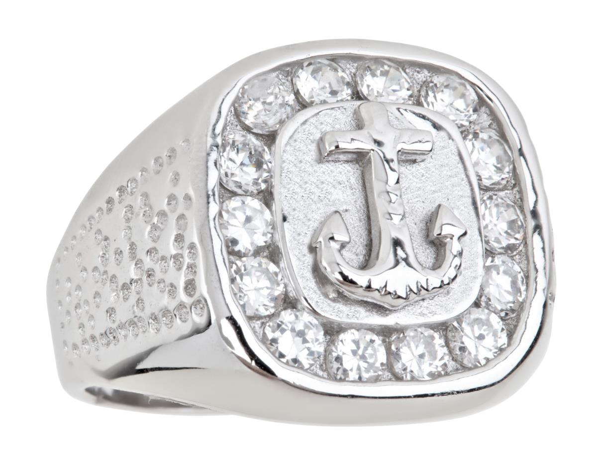 Sterling Silver Rhodium Men's Nautical Anchor CZ Ring