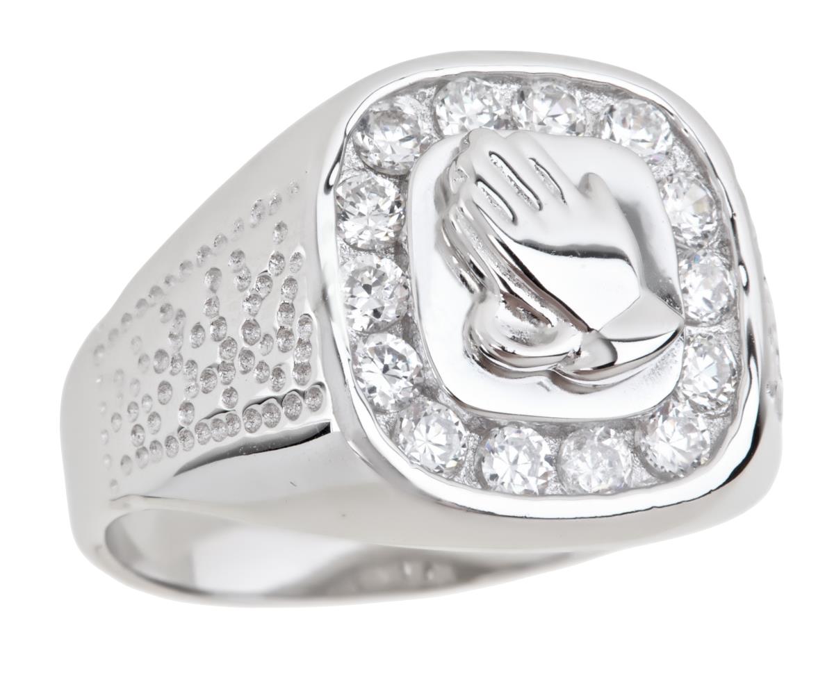 Sterling Silver Rhodium Men's Hands CZ Ring