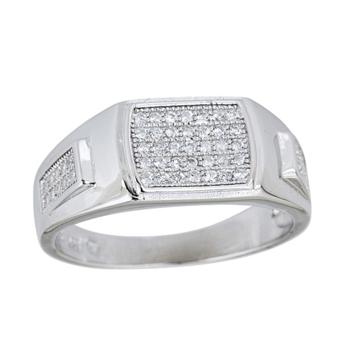Sterling Silver Rhodium Men's Tri-Rectangle Pave Ring
