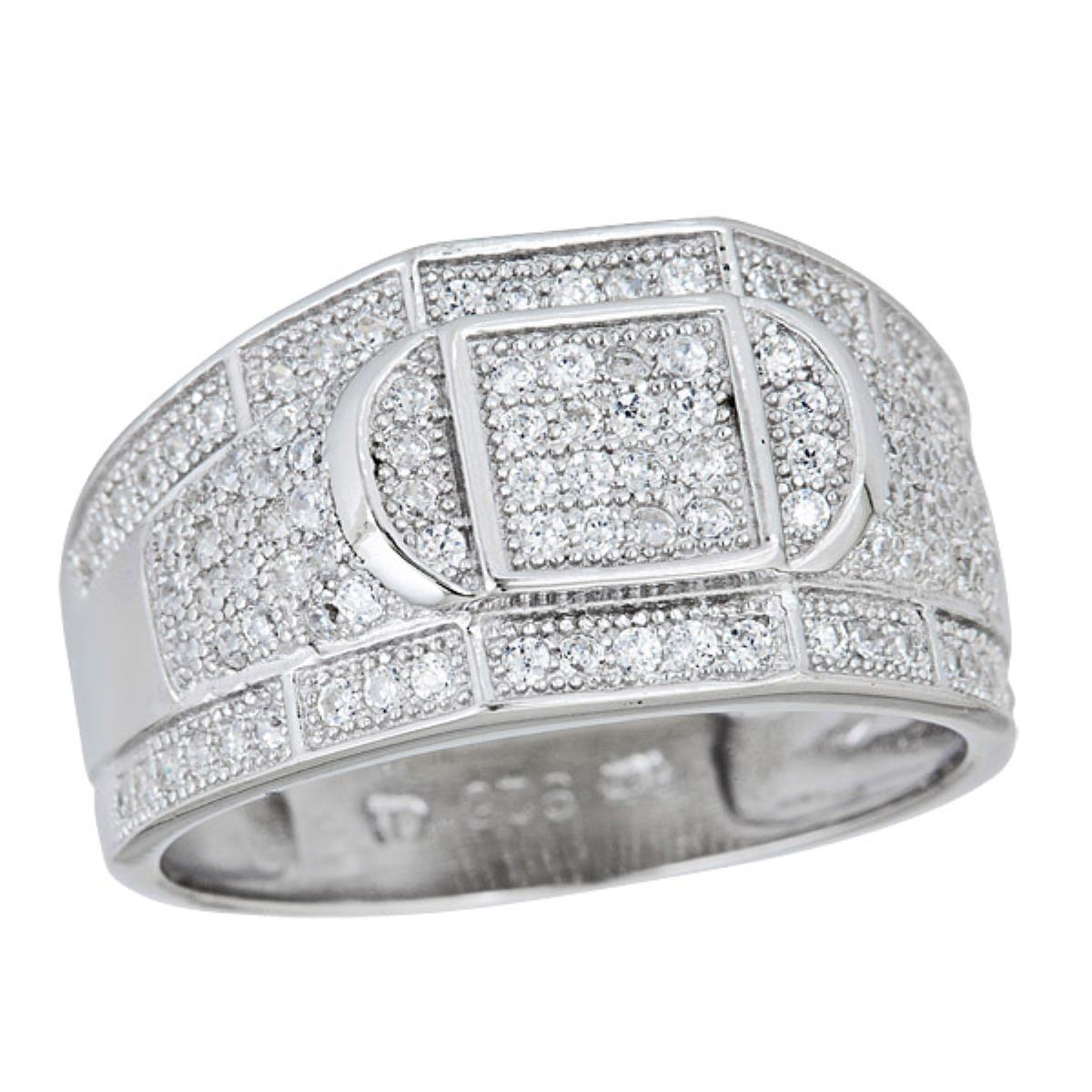 Sterling Silver Rhodium Men's Pave Crescent Moon Detail Ring