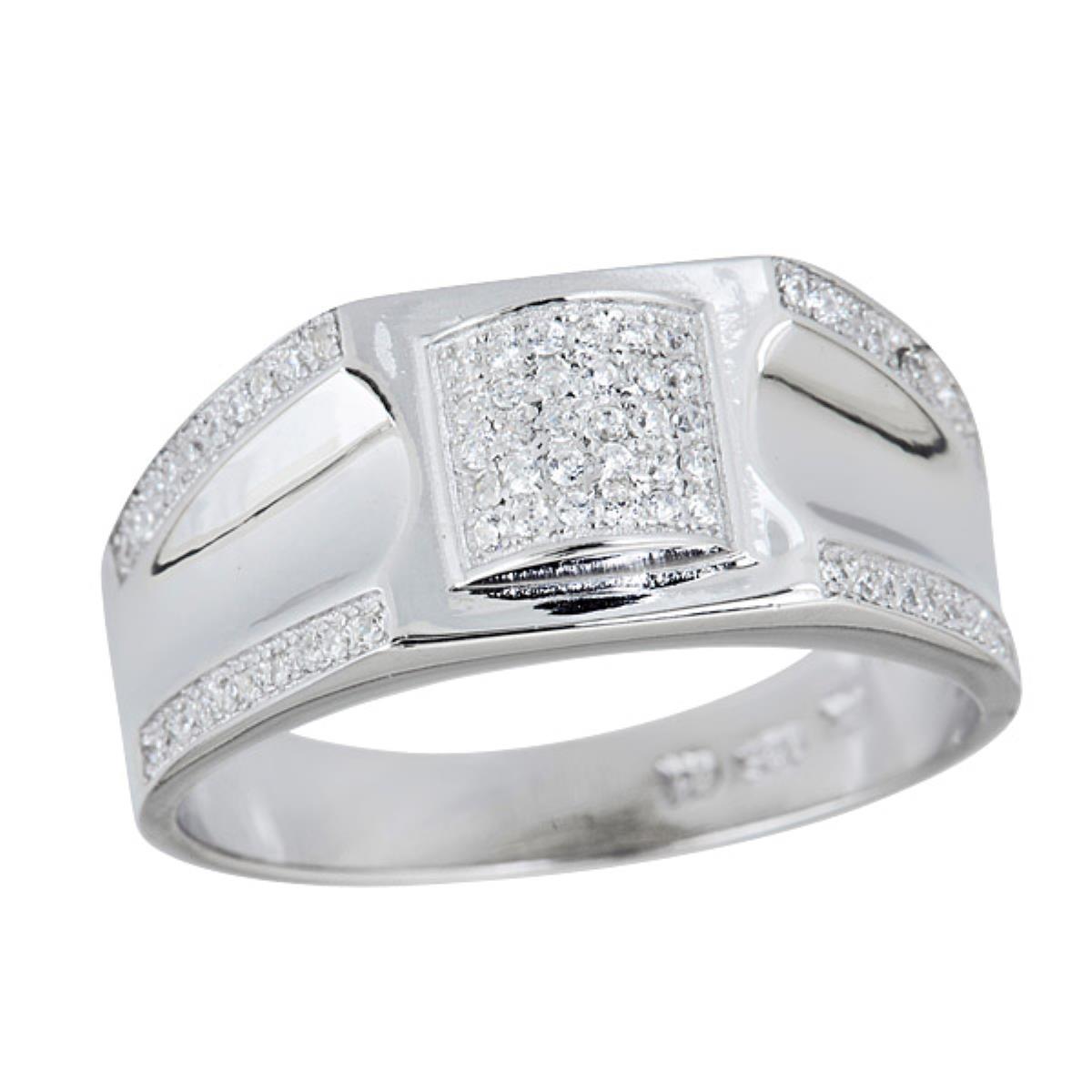 Sterling Silver Rhodium Men's Pave Square & Lined Border Ring