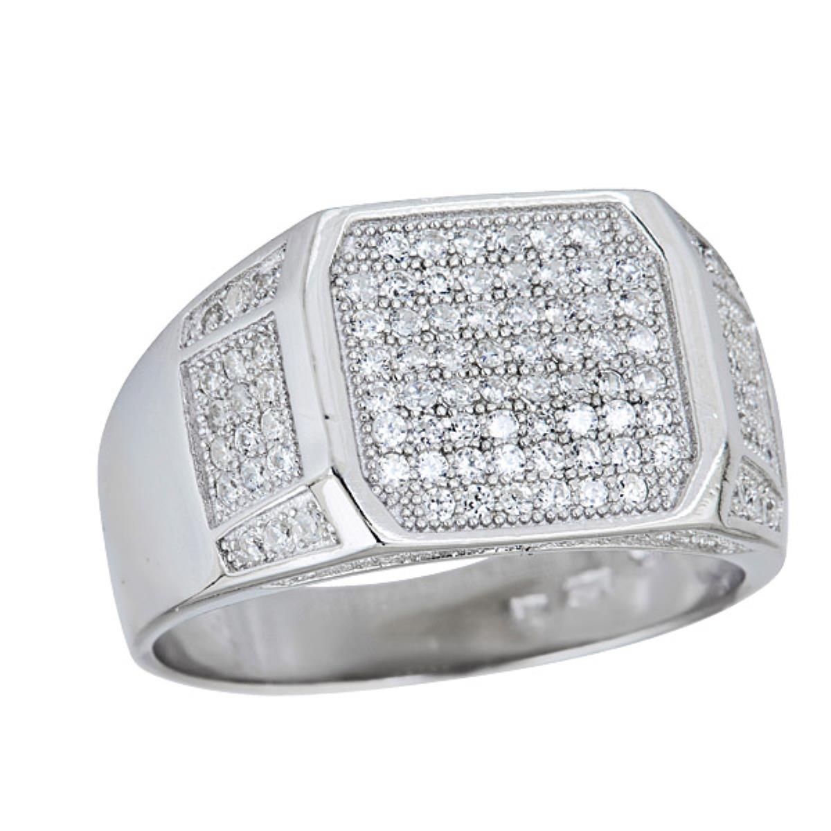 Sterling Silver Rhodium Men's Octagon Pave Detail Ring
