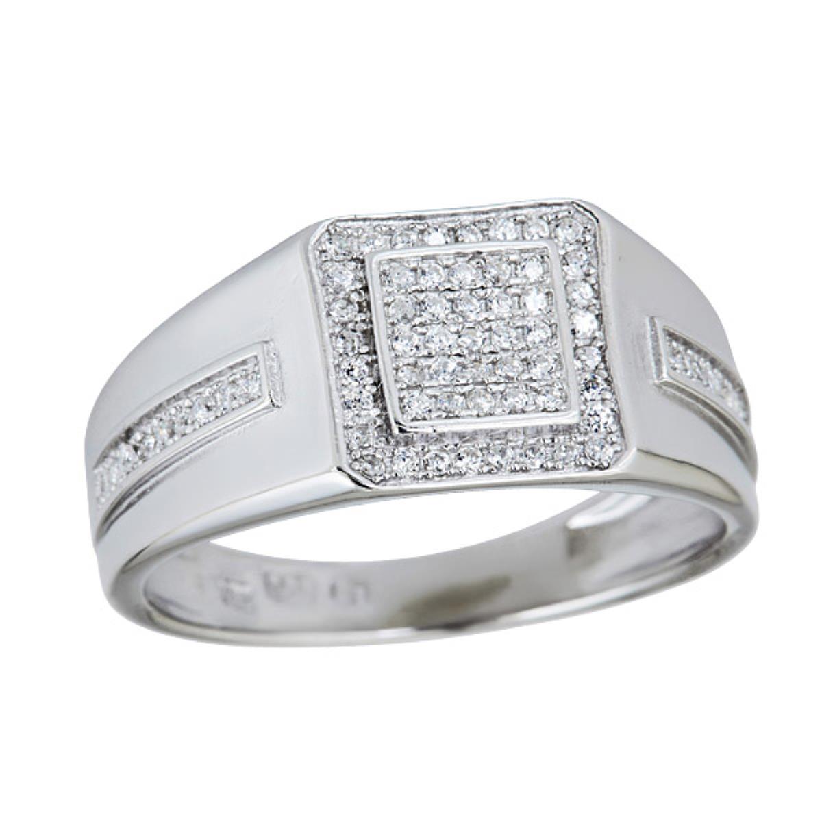 Sterling Silver Rhodium Men's Pave Square & Center Line Ring