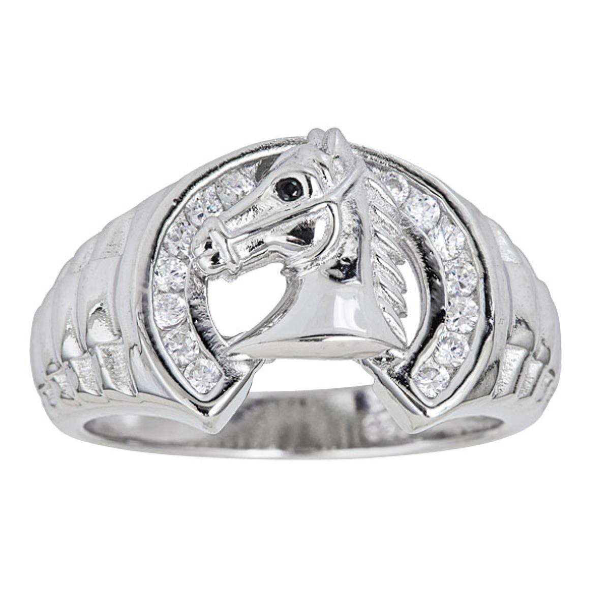 Sterling Silver Rhodium Men's White Horse Ring