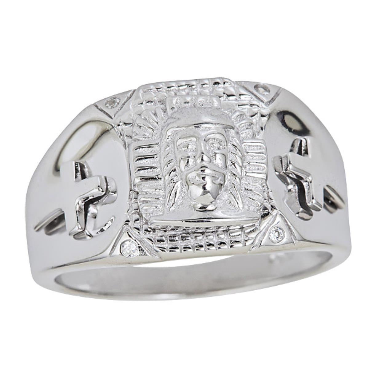 Sterling Silver Rhodium Men's Etched Jesus Face & Cross Ring