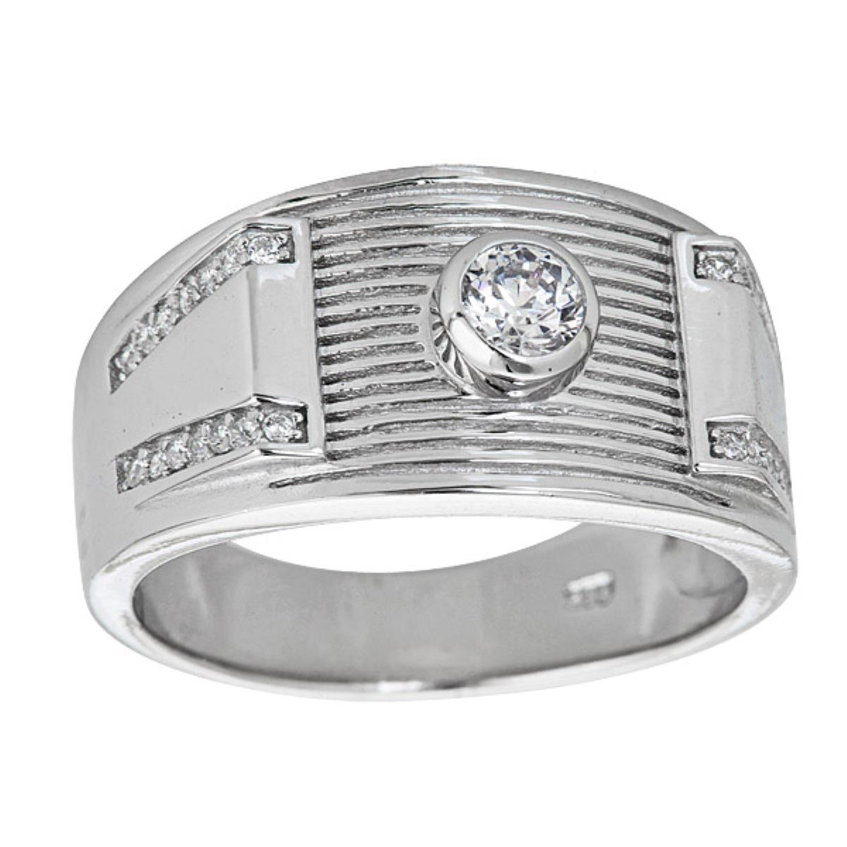 Sterling Silver Rhodium Men's Solitaire & Pave Symmetrical Ring