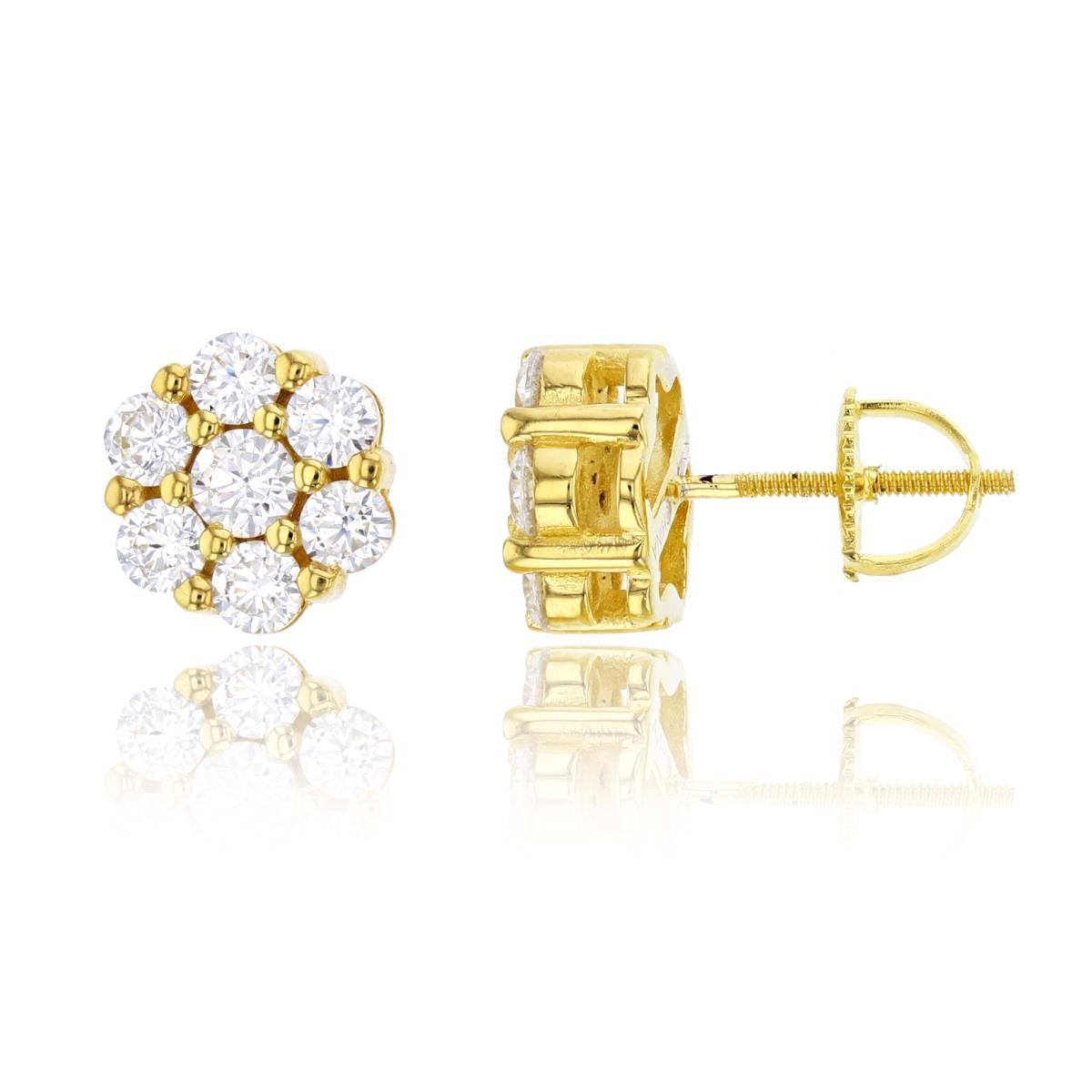 Sterling Silver Yellow Pave Round Cluster Screw-Back Stud Earring