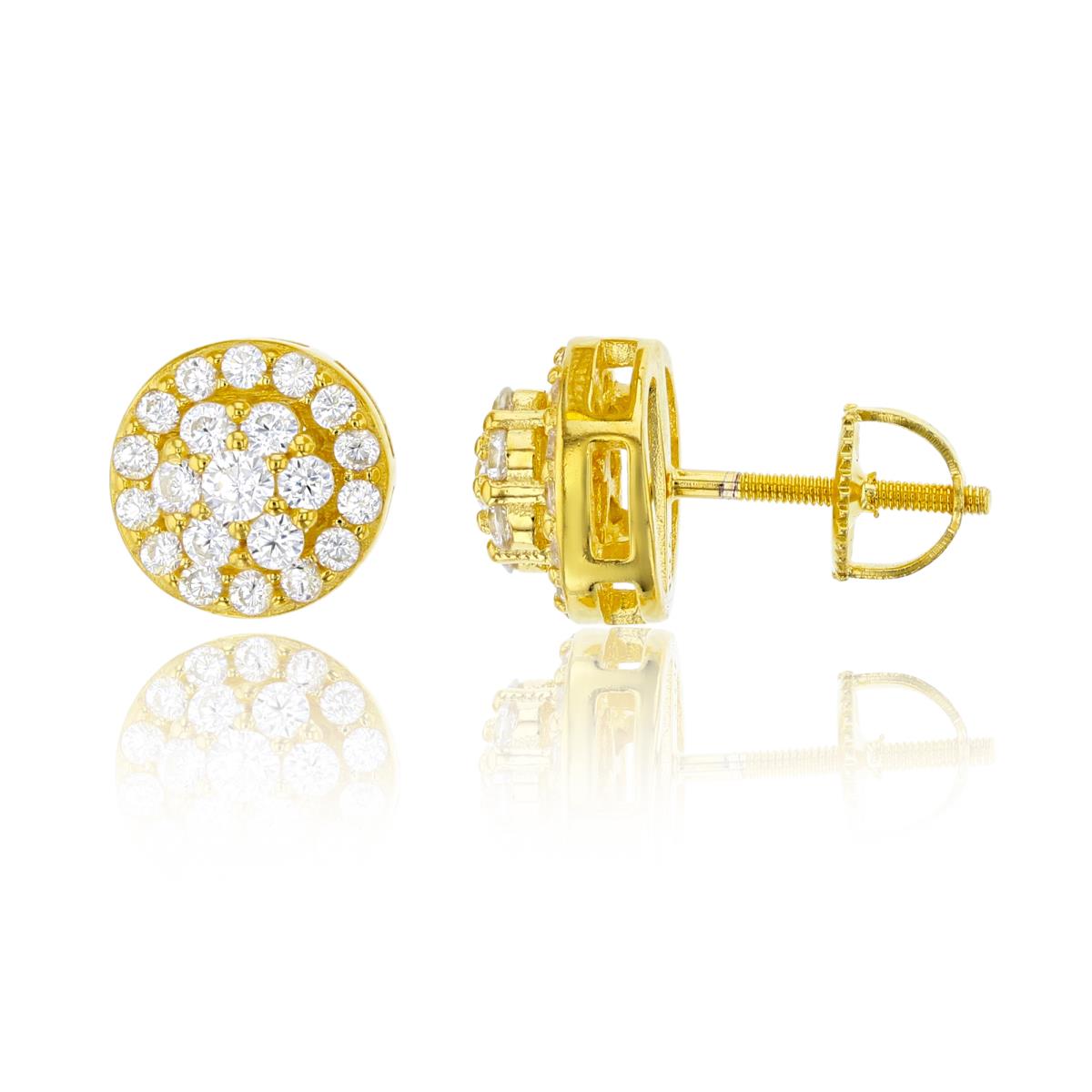 Sterling Silver Yellow Micropave Round Cluster Screw-Back Stud Earring