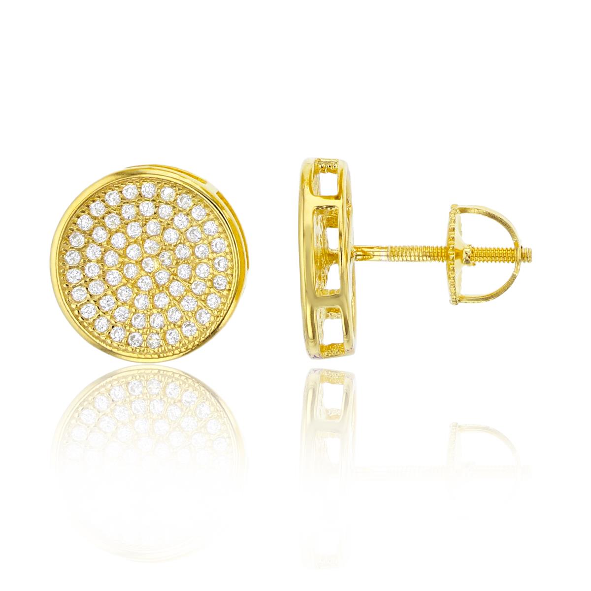 Sterling Silver Yellow Micropave 12.00mm Round Screw-Back Mens Stud Earring