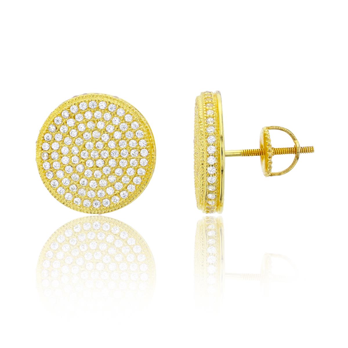 Sterling Silver Yellow Micropave 14.50mm Round Screw-Back Mens Stud Earring