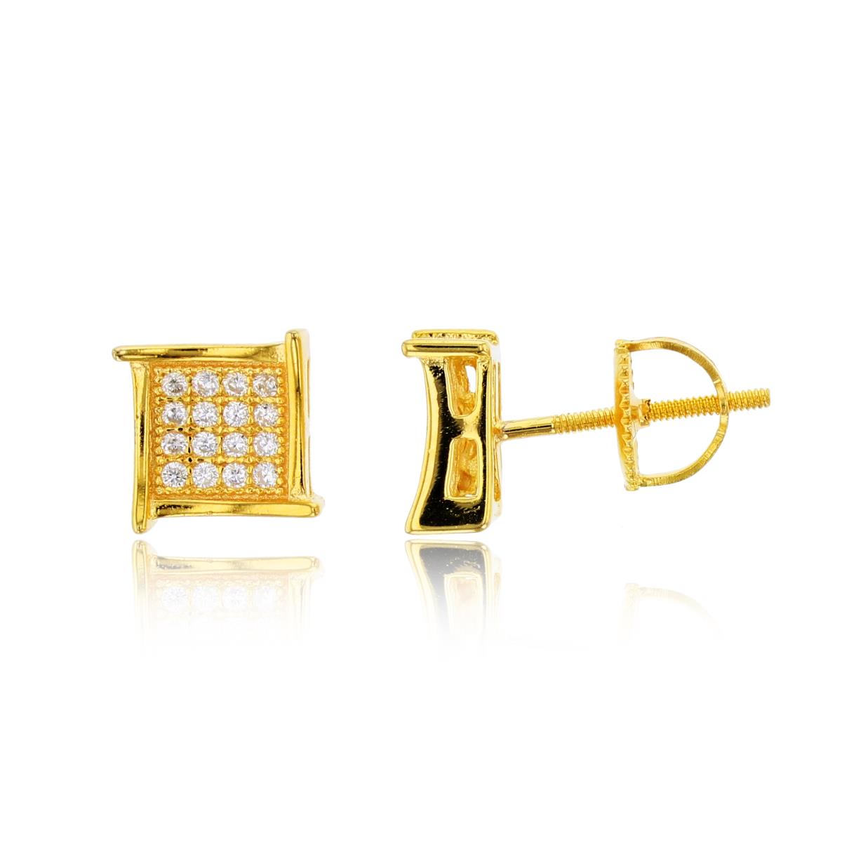 Sterling Silver Yellow 7.8x7.8m Fancy Square Micropave Screwback Stud Earring