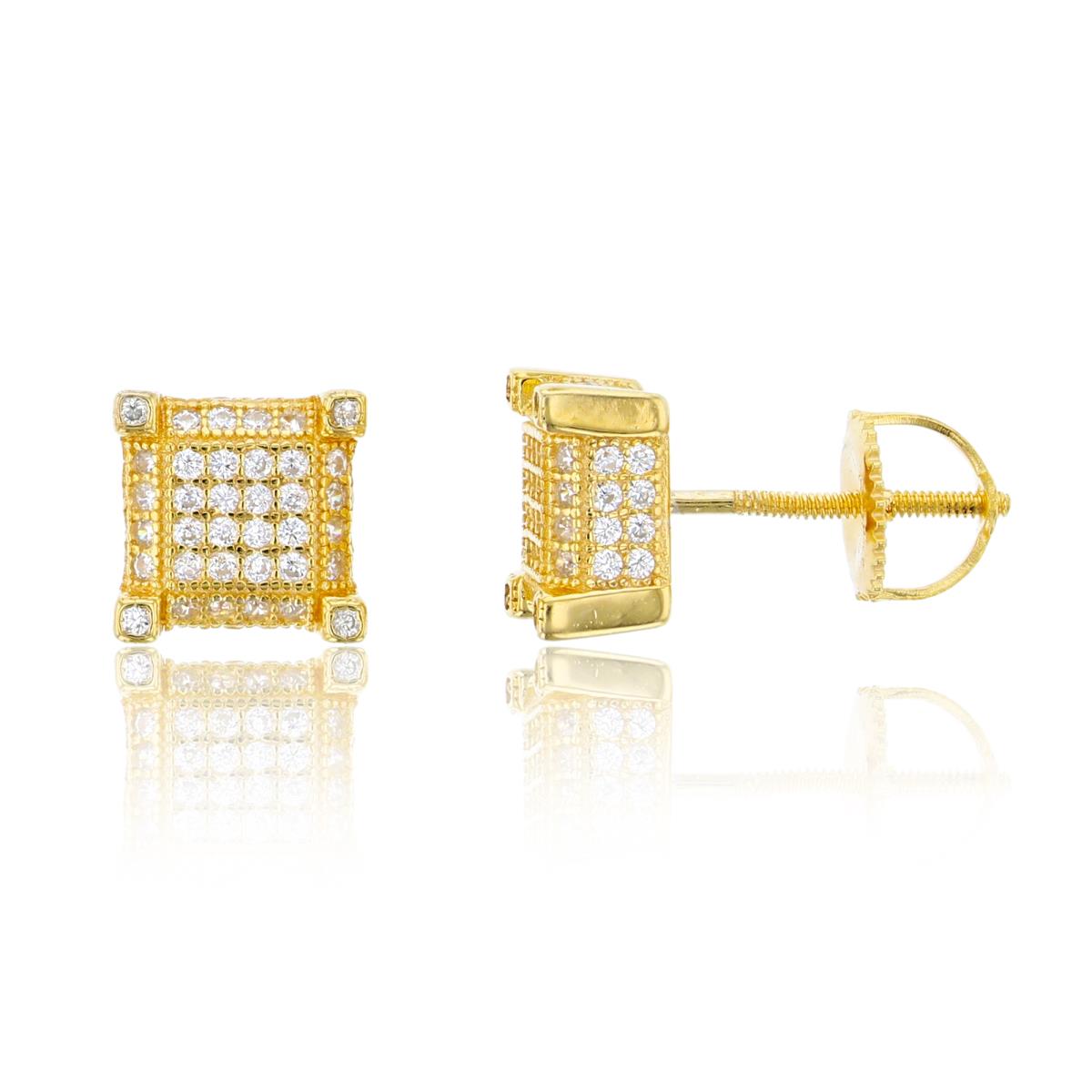 Sterling Silver Yellow 8x8mm 3D Square Micropave Screwback Stud Earring