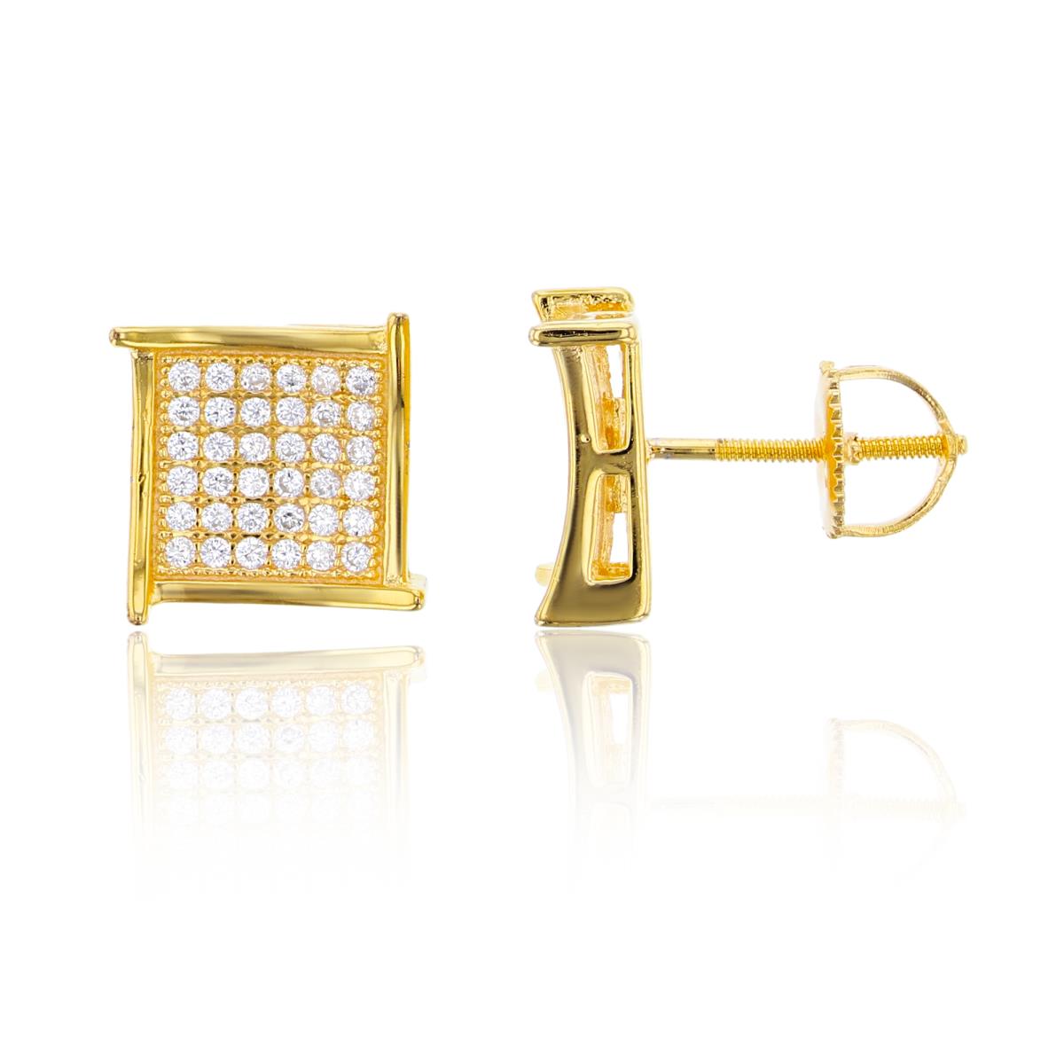 Sterling Silver Yellow 10x10mm Fancy Square Micropave Screwback Stud Earring