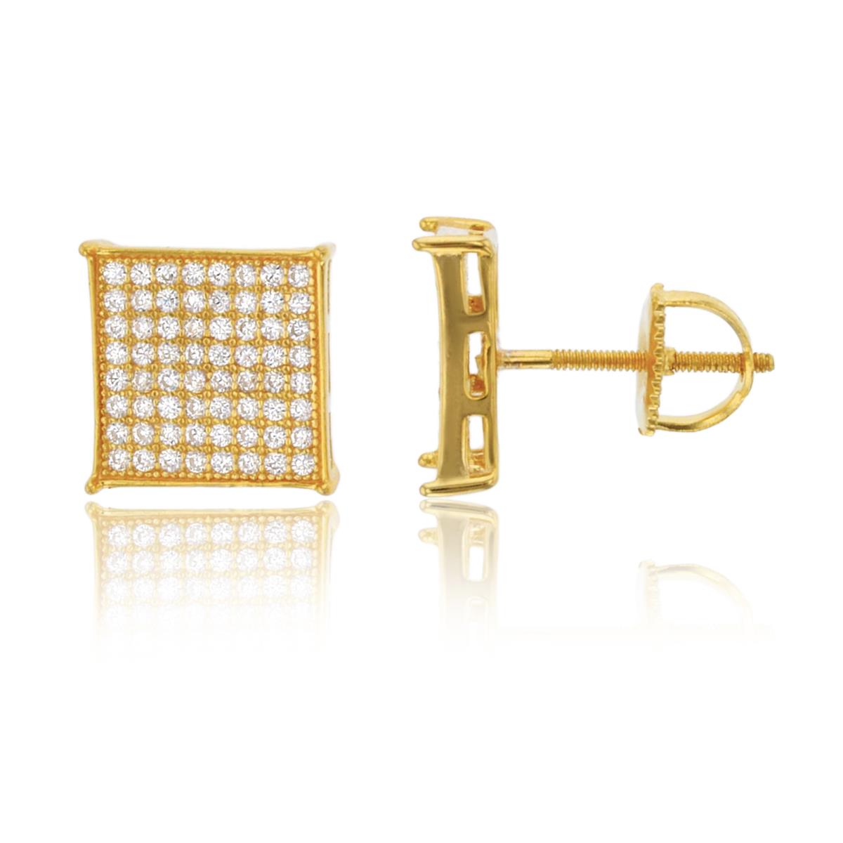 Sterling Silver Yellow 10x10mm Square Micropave Screwback Stud Earring