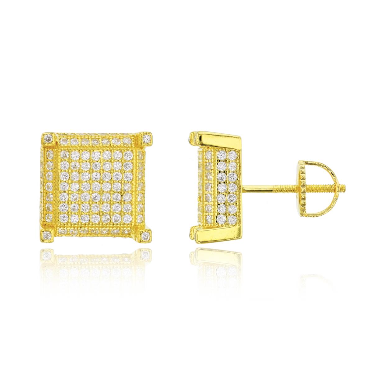 Sterling Silver Yellow 12x12mm 3D Square Micropave Screwback Stud Earring