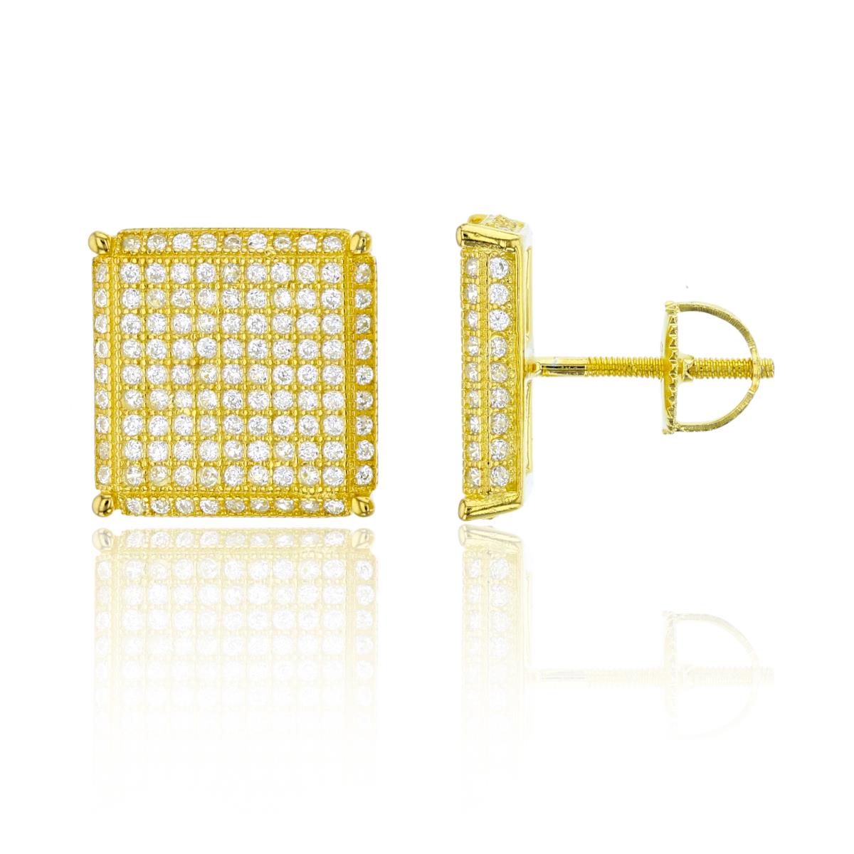 Sterling Silver Yellow Micropave Square Screw-Back Mens Stud Earring