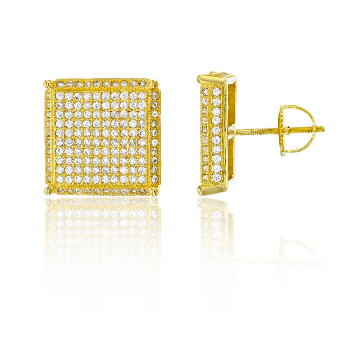 Sterling Silver Yellow Micropave Square 15x15mm Screw-Back Stud Earring
