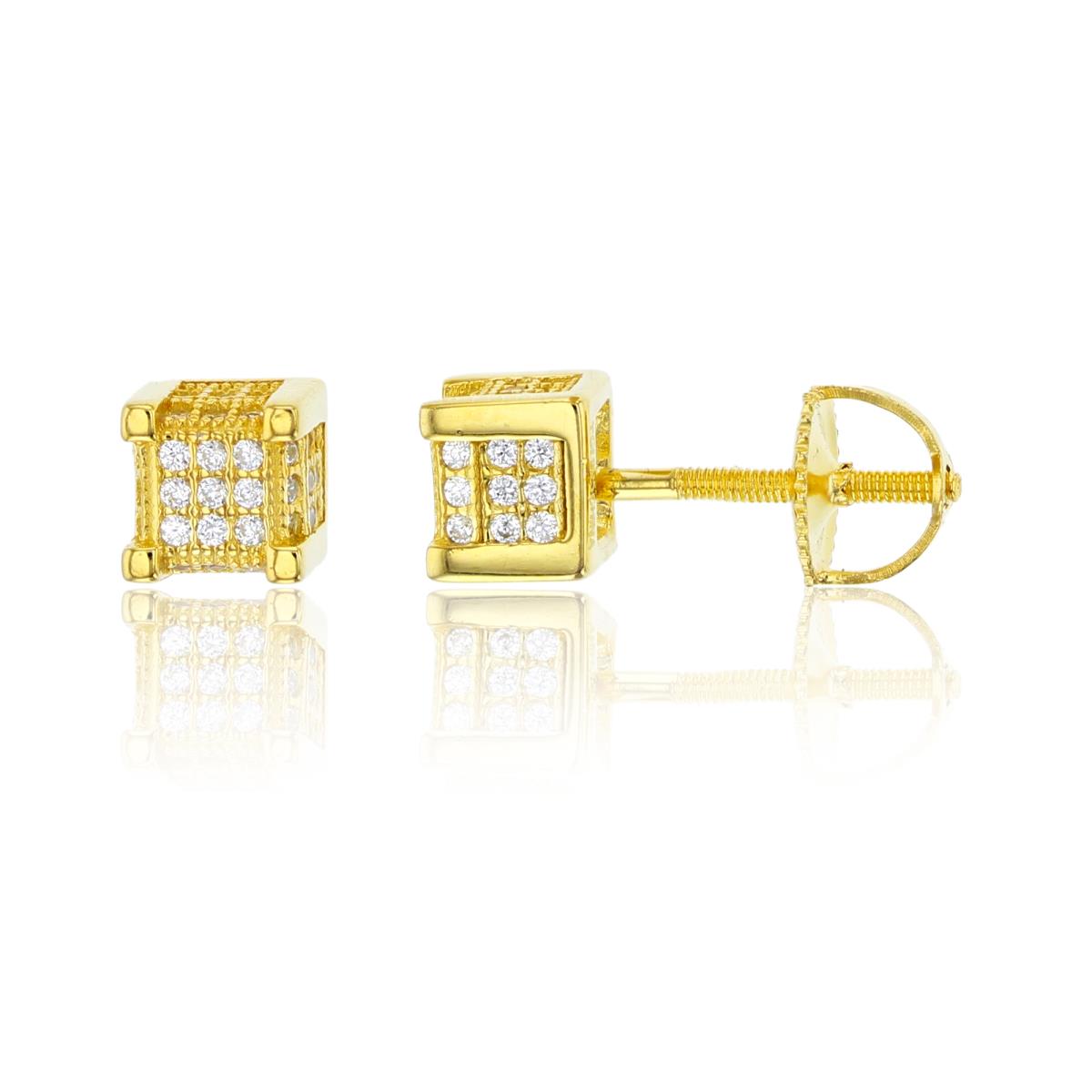 Sterling Silver Yellow Micropave 3D Cube Screw-Back Stud Earring