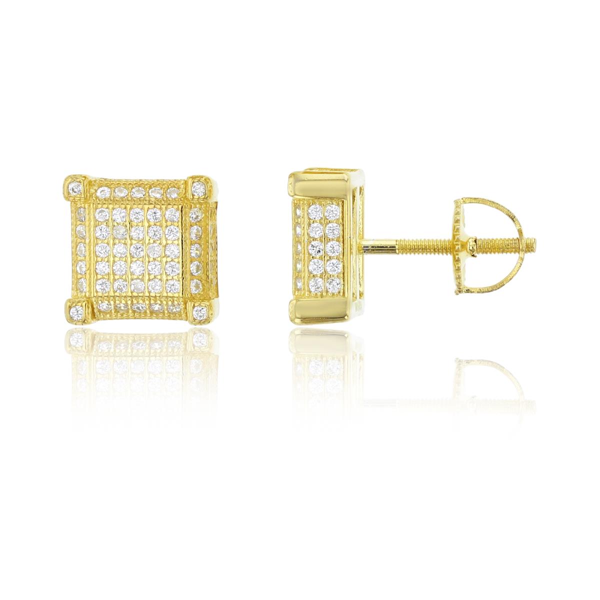 Sterling Silver Yellow Micropave Square Screw-Back Mens Stud Earring